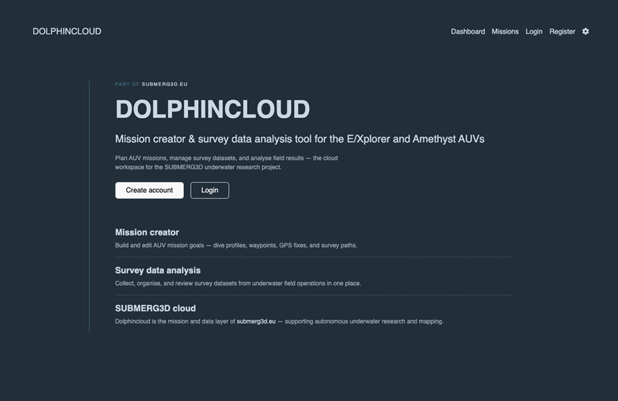 Dolphin Cloud website for mission planning and survey data