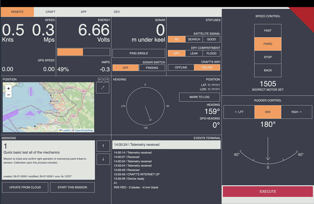 Dolphin Control desktop app with telemetry, map, and craft controls